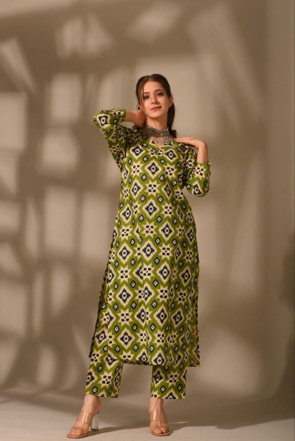 Olive Ikat Print Cotton Kurta Set with Straight Pants