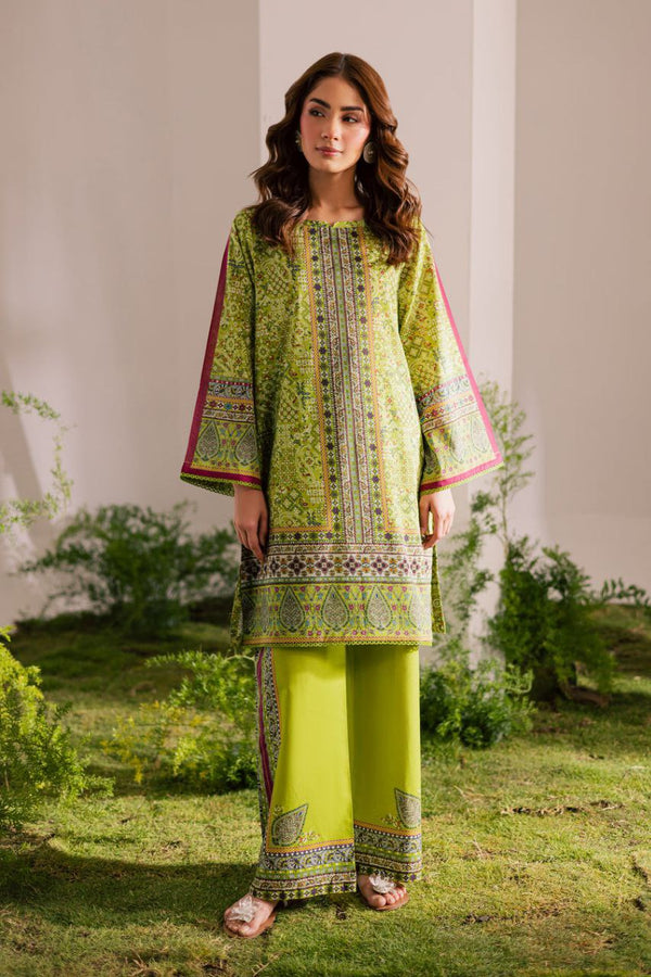 Lime Green Printed Linen Kurta Set