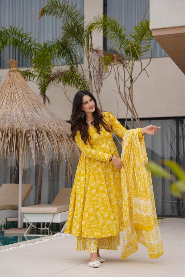 🌼 Sunshine Yellow Floral Anarkali Kurta Set with Dupatta