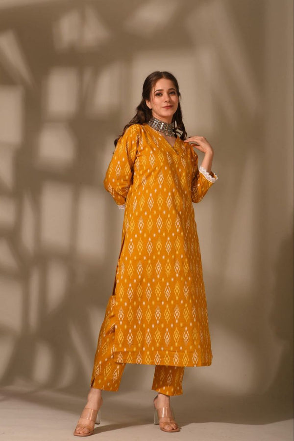 Mustard Ikat Cotton Kurta Set with Delicate Lace Detail