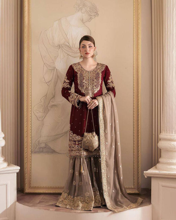 🌹 Maroon Embroidered Kurta Set | Golden Sharara & Dupatta ✨