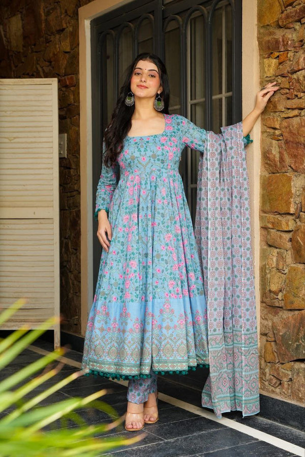 💙 Blue Floral Anarkali Kurta Set with Dupatta