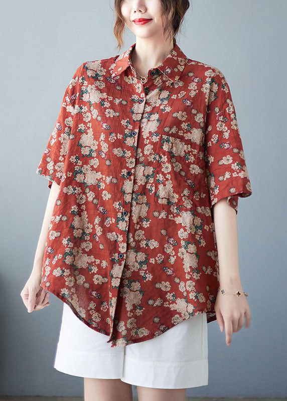 Rust red floral print cotton shirt for women