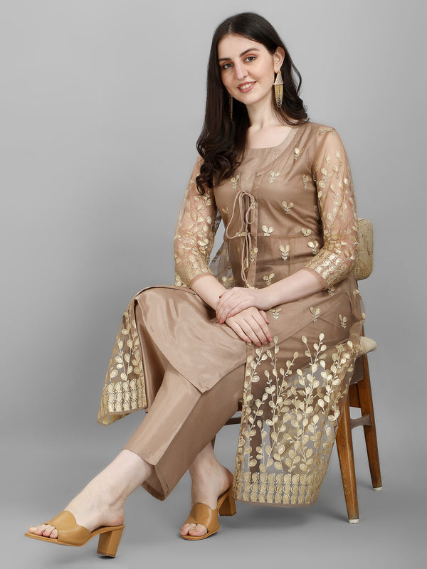 Women's Foil Printed Floral Design Ethnic Jacket With Kurti And Pant (K39)