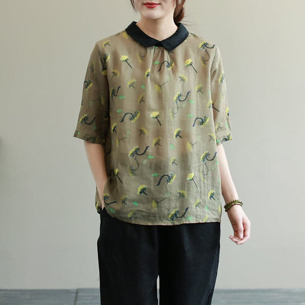Olive green floral print shirt with black collar