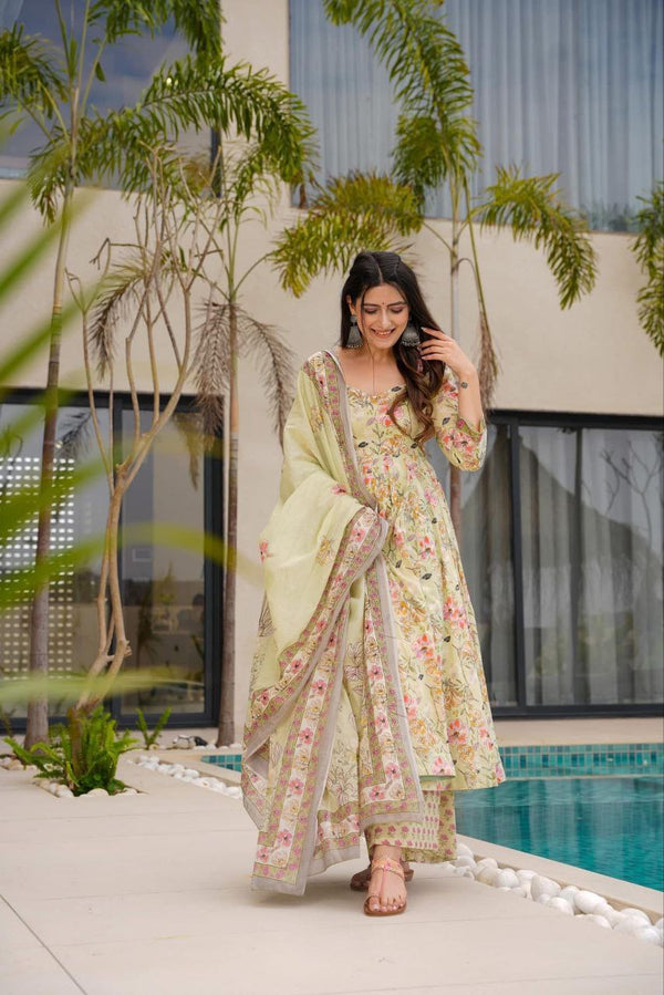 🌸 Pastel Green Floral Kurta Set with Dupatta