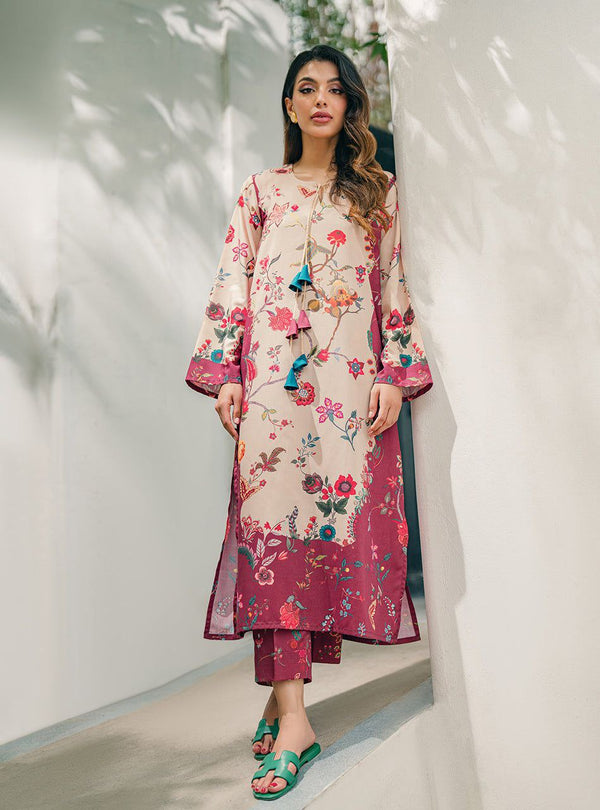Blush Bloom – Wine & Beige Floral Printed Co-ord Set with Tassel Accents