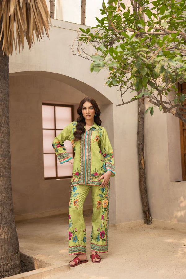 Lime Green Floral Printed Linen Kurta Set
