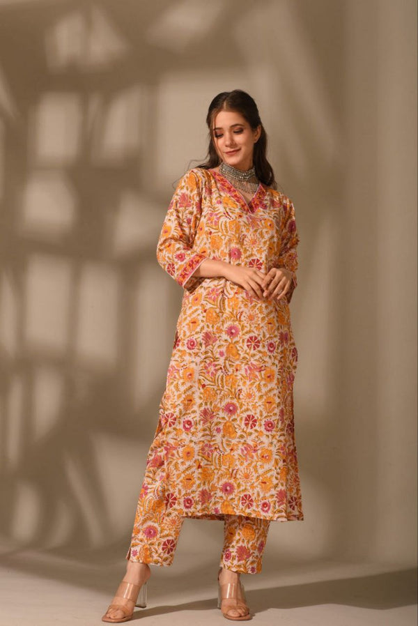 Golden Marigold – Mustard & Pink Ethnic Floral Co-ord Set