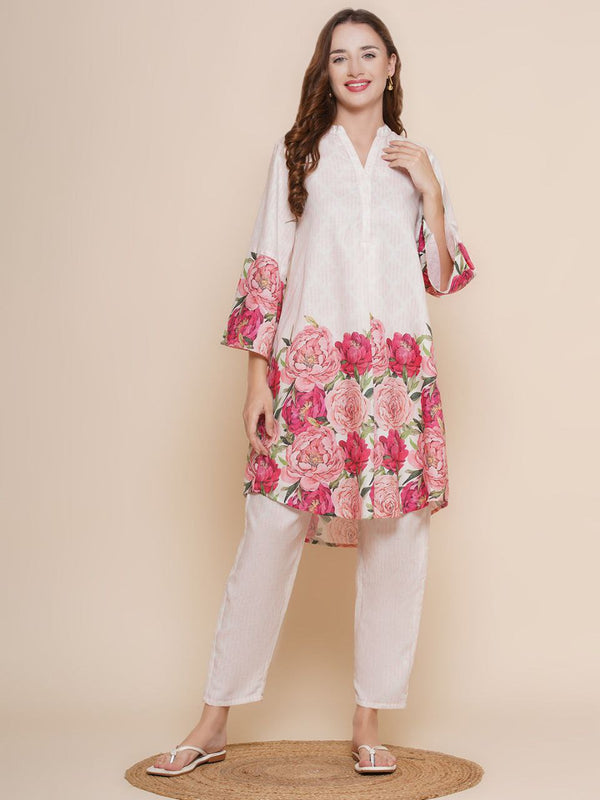 Floral Printed V Neck Rayon Co-ords Set (White)