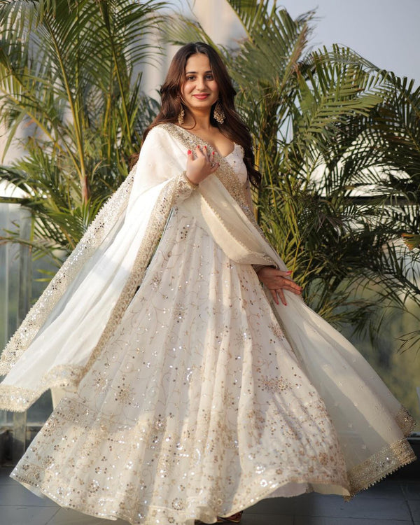 Elegant White & Gold Embroidered Anarkali Suit with Dupatta 👑
