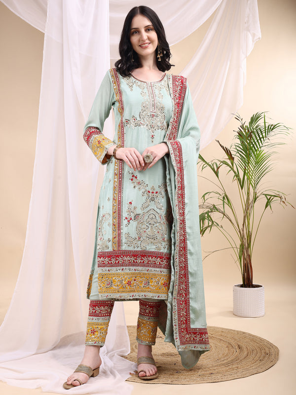🌸 Pastel Elegance Embroidered Suit Set with Dupatta