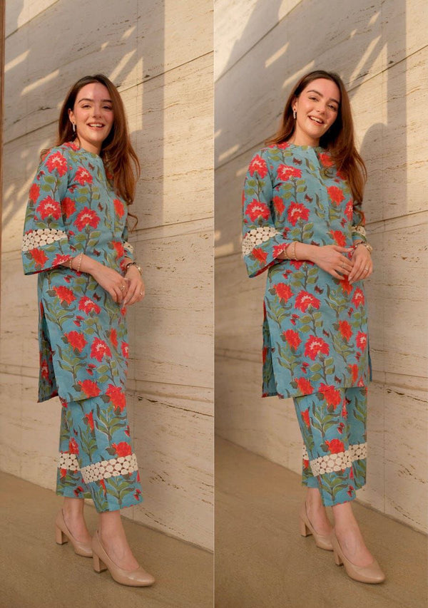 Floral Printed V Neck Rayon Co-ords Set (K112)