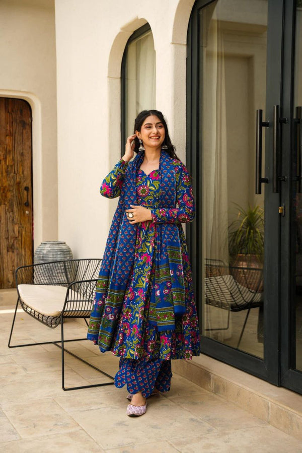 💙 Royal Blue Floral Anarkali Set with Dupatta 💙