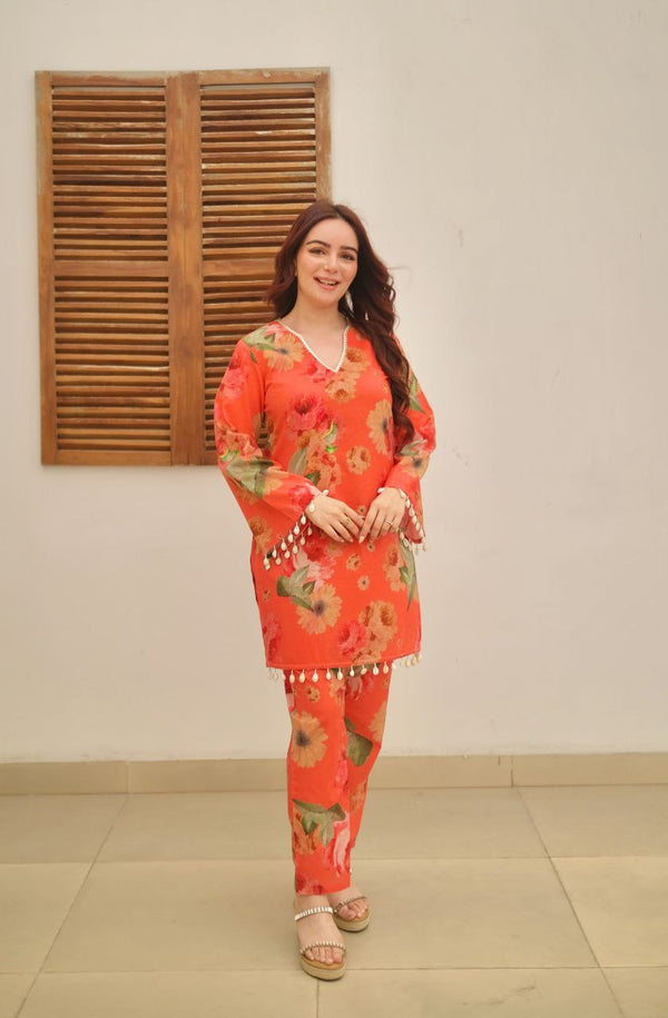 Tangerine Bloom – Pom Pom Floral Co-ord Set 🌺✨