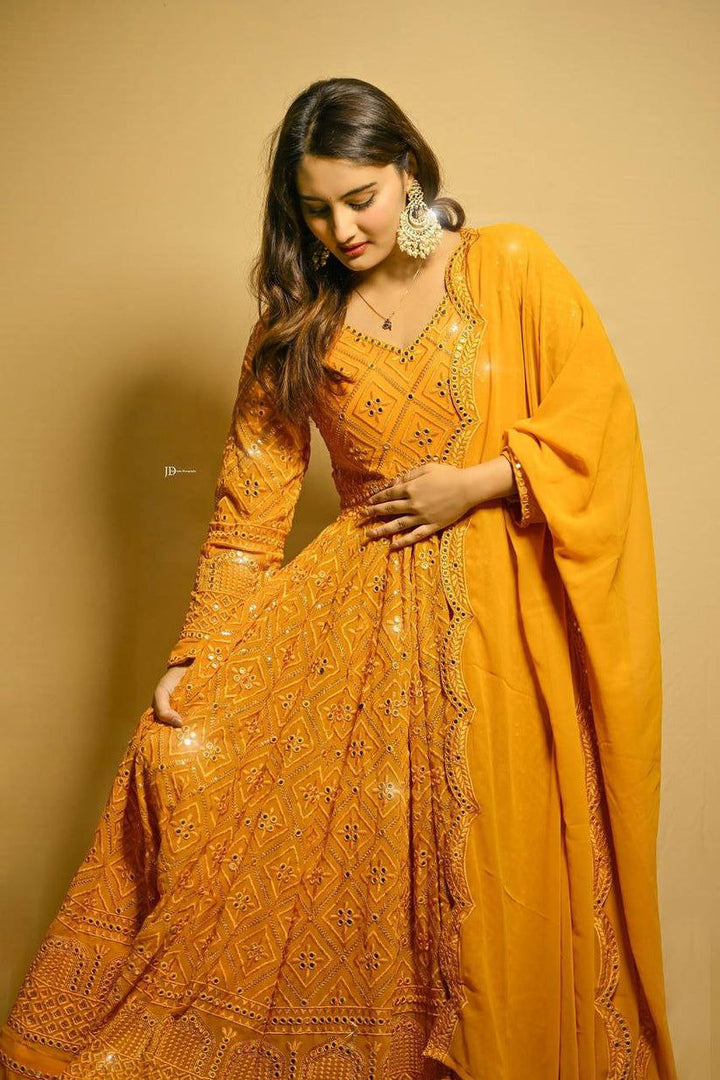 Mustard yellow embroidered Anarkali suit with dupatta