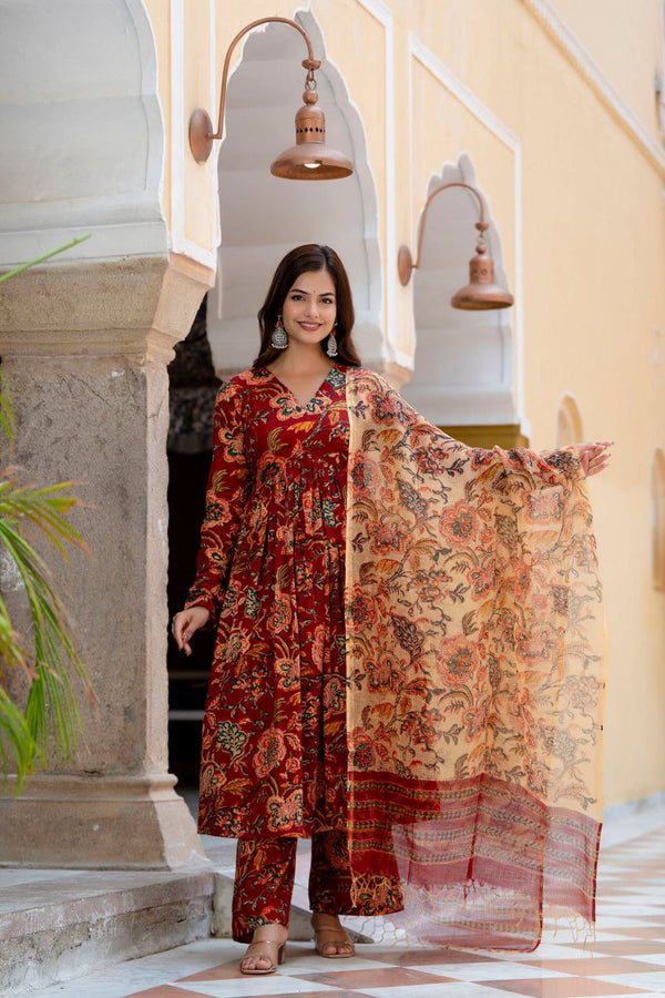 Floral Printed Rayon Kurta Set with Cotton Dupatta (K154)