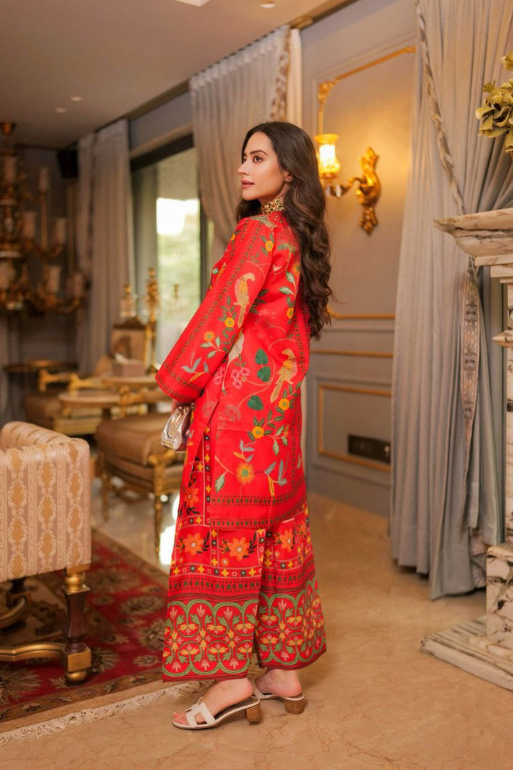 Red festive co-ord set with intricate ethnic prints