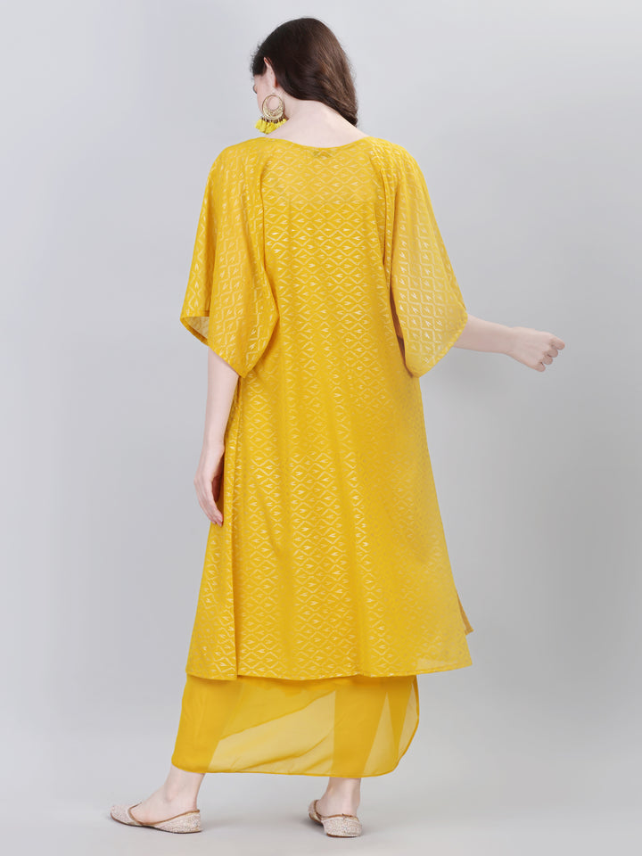 Back view of mustard yellow shrug in indo-western co-ord set with draped skirt – Modestouze Attires