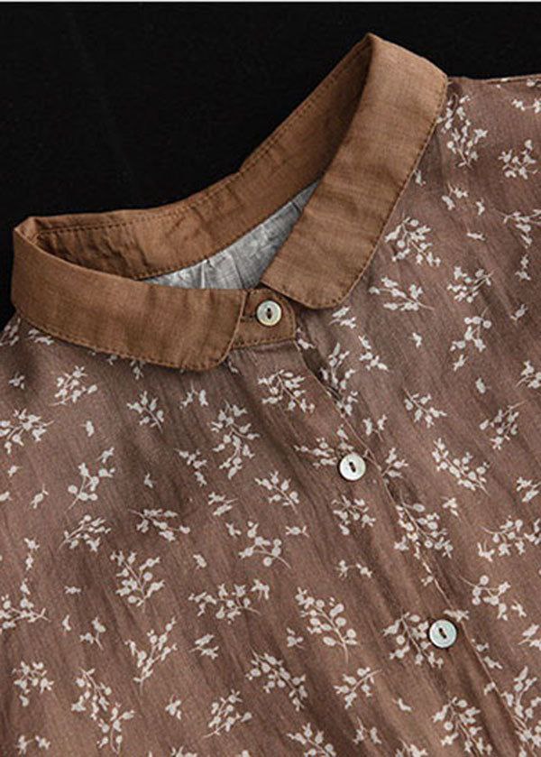Brown floral print cotton shirt for women