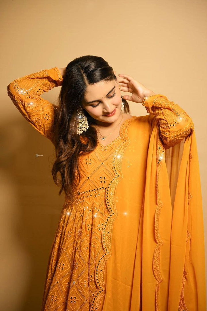 Traditional festive Anarkali dress for women in yellow hue