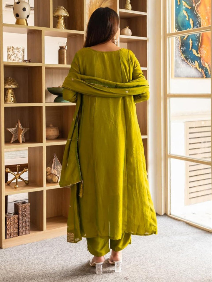 Back view of the olive-green embroidered Anarkali kurta showing fit and flare.