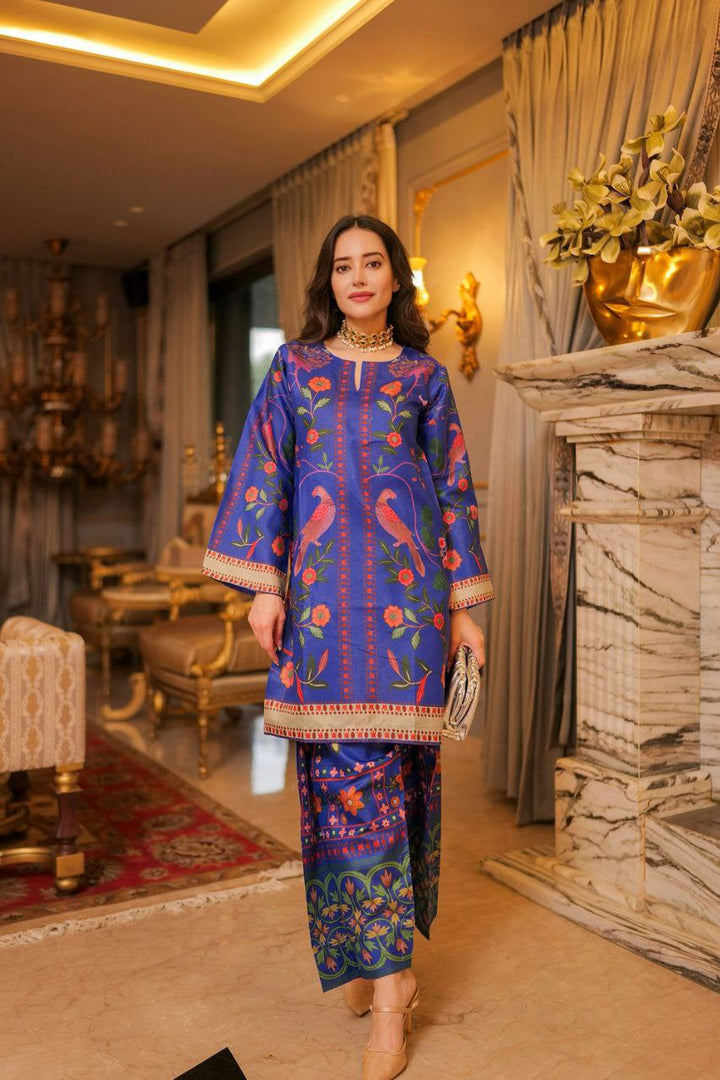 Blue floral printed kurta and pant set for festive wear