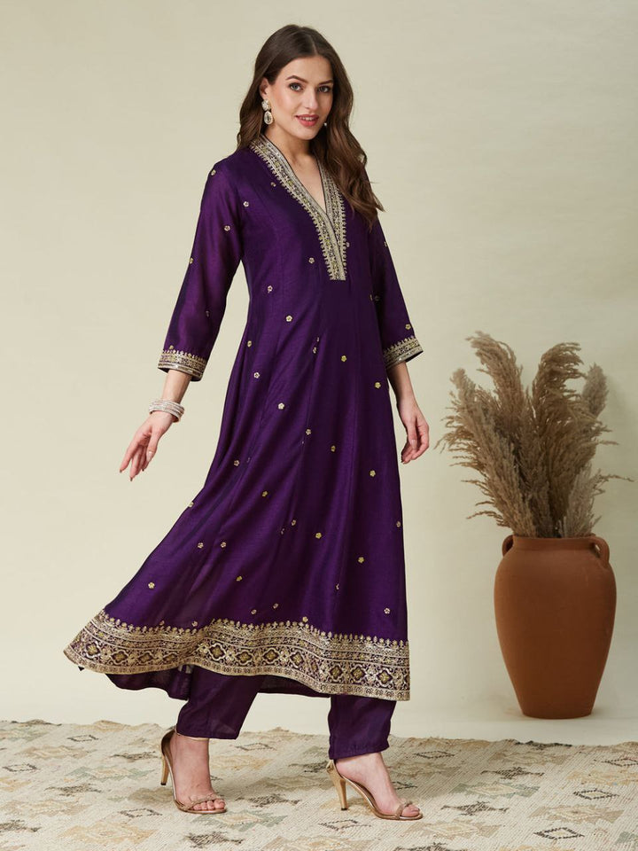 Front view of purple embroidered Roman Silk Anarkali kurta set.