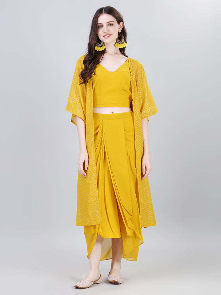 Mustard yellow co-ord set with crop top, draped skirt and long printed shrug – Modestouze Attires