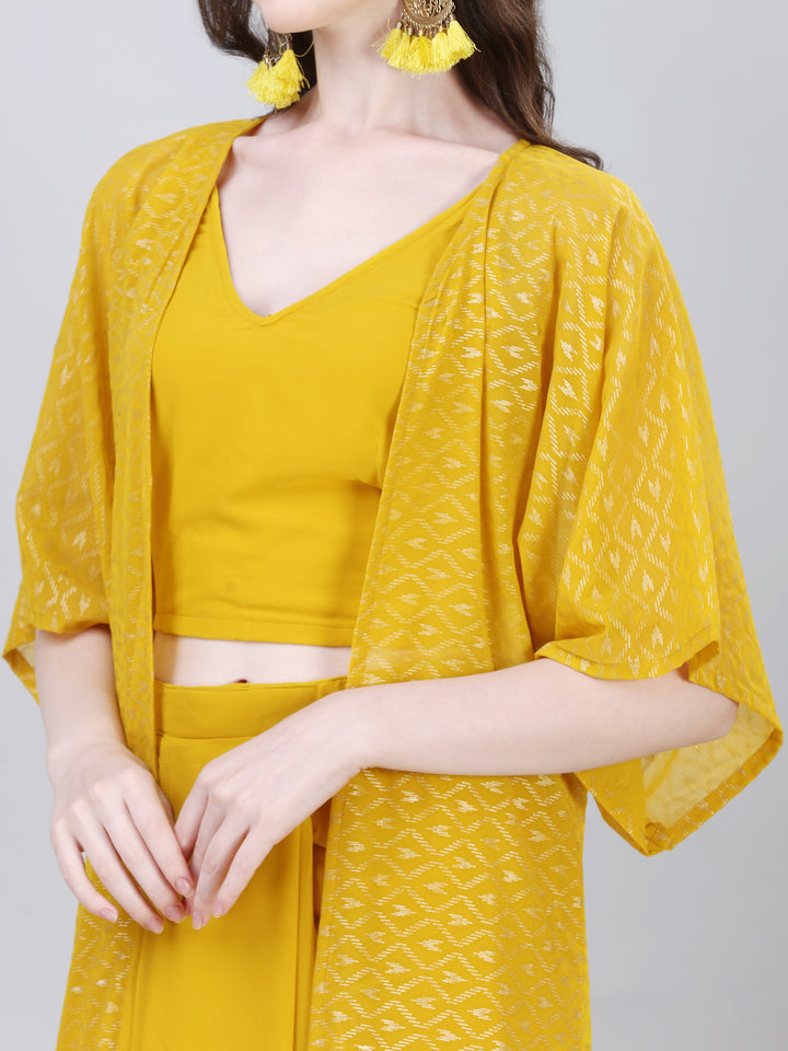Close-up of mustard yellow crop top and printed shrug in indo-western co-ord set – Modestouze Attires