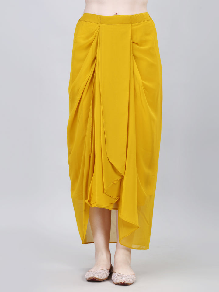 Close-up view of mustard yellow draped skirt design in indo-western co-ord set – Modestouze Attires