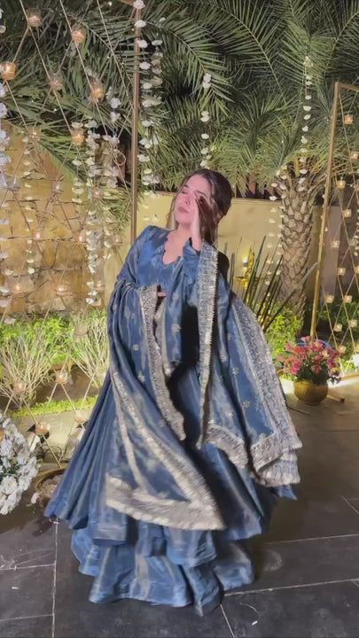 Modest royal blue stitched anarkali gown full sleeve wedding outfit