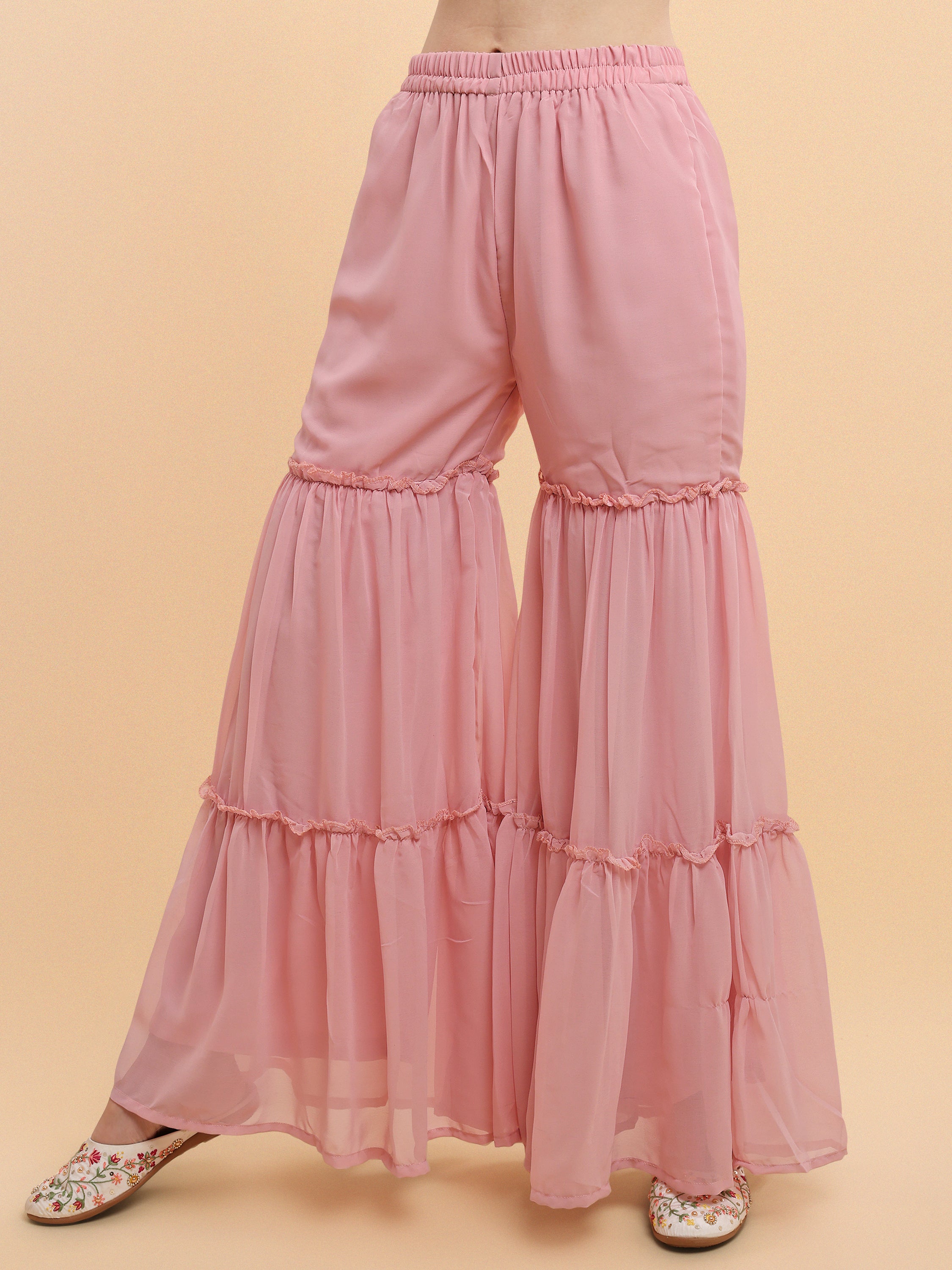 Onion Pink Palazzo Suit In Chiffon With Embroidery Long Sleeves Jacket